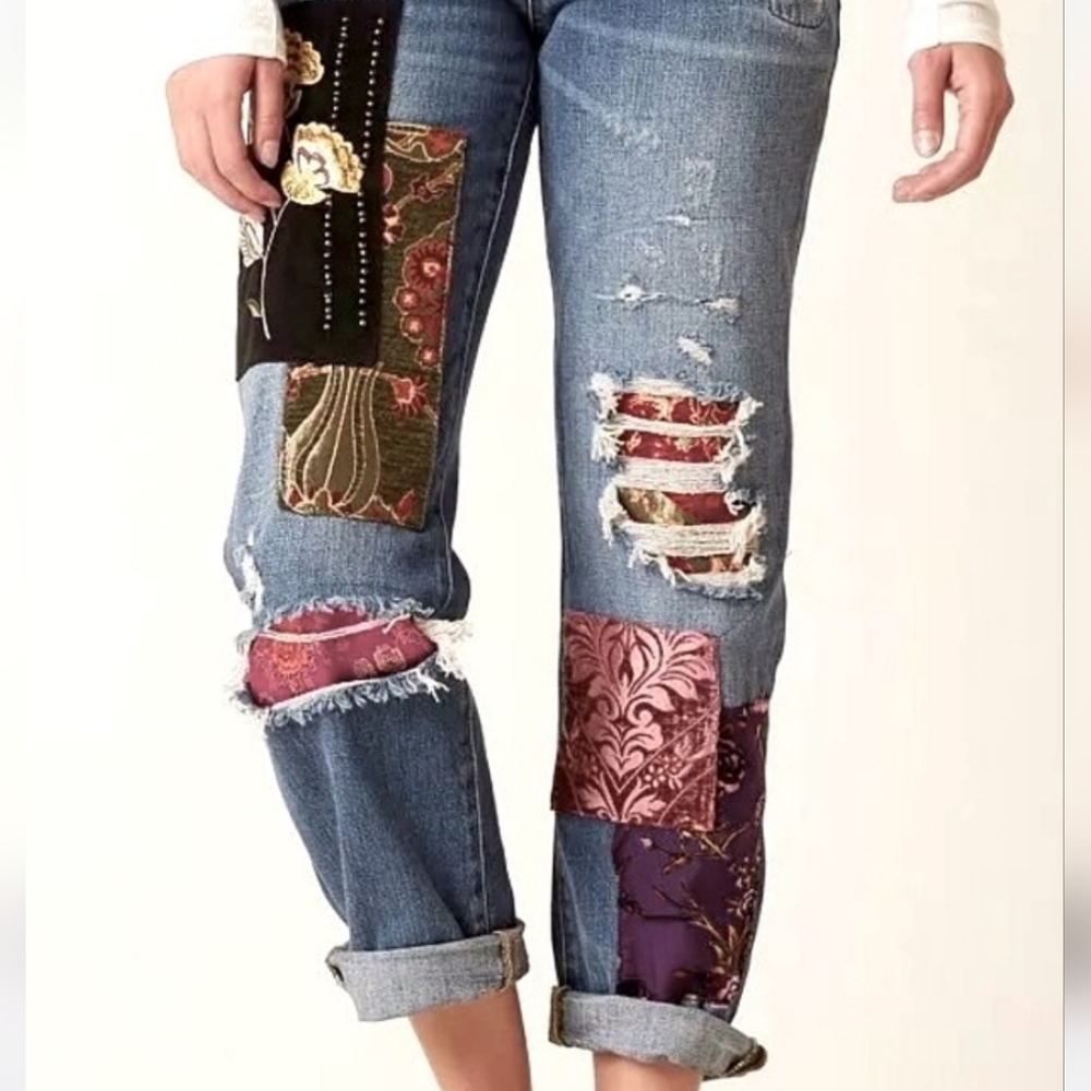 ISO FREE PEOPLE Patchwork Distressed Blue Jeans